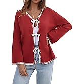 JUYUEO Tie Front Bow Cardigan for Women Trendy 2025 Casual Bell Long Sleeve Chunky Knit Cardigan Sweater Winter Clothing Coat