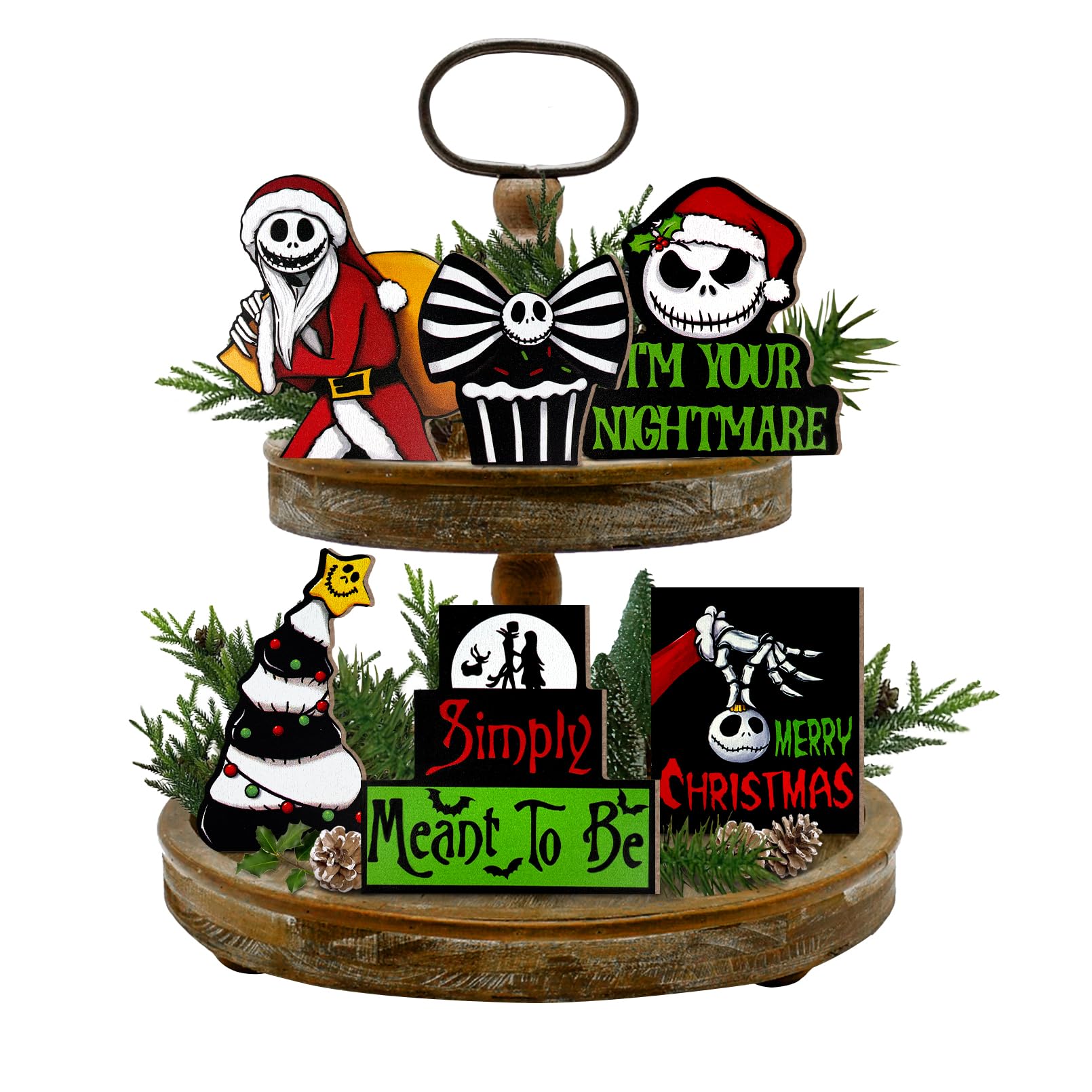 Photo 1 of Guoofu Christmas Tiered Tray Decor, Night. mare BE Fore. Xmas Tray Decorations, Jack Santa Black Christmas Tree Wooden Signs, Rustic Holiday Home Decor for Tabletop Mantel