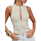 MakeMeChic Women's Cut Out Striped Tank Tops Crew Neck Zipper Sleeveless Dressy Shirt