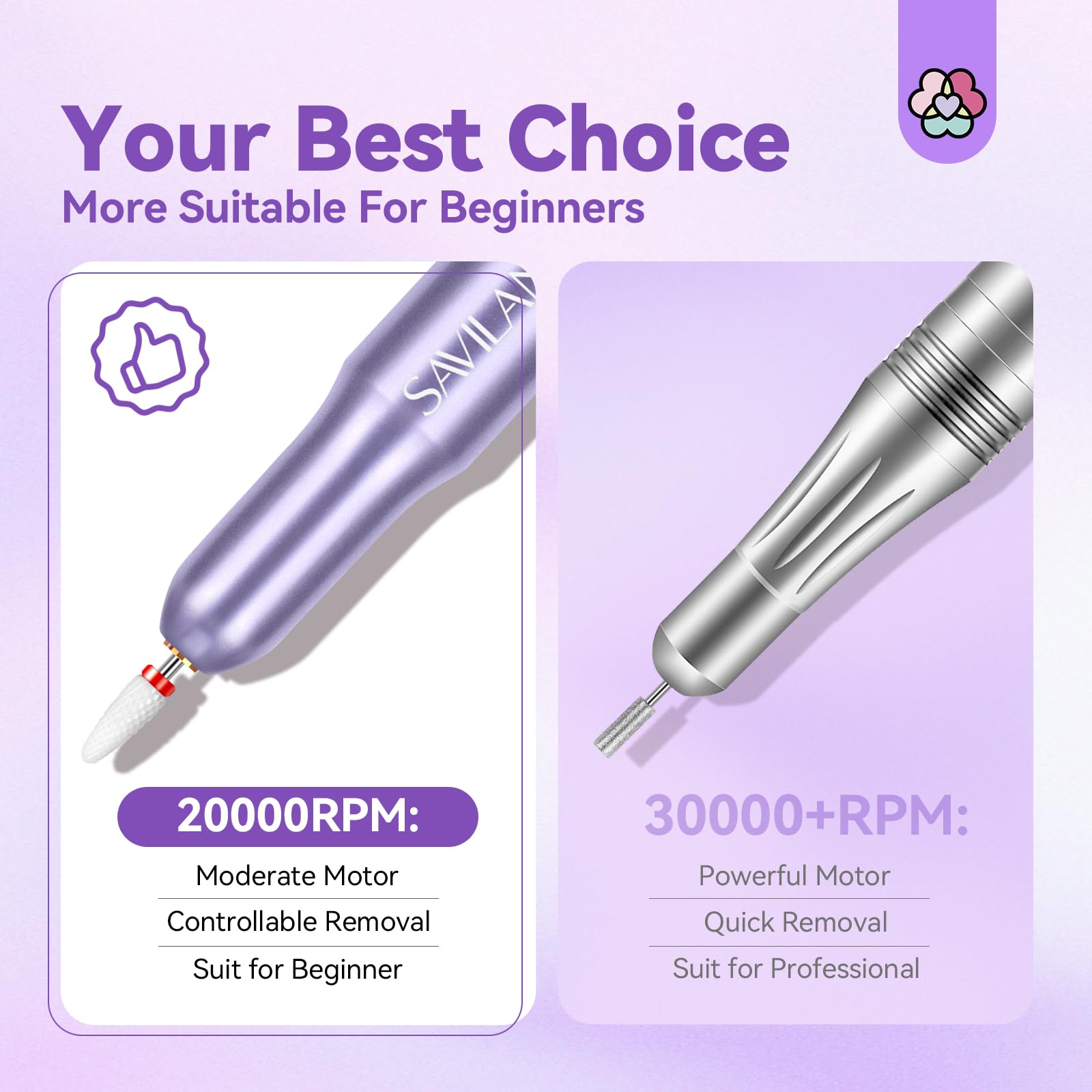 SAVILAND Portable Electric Nail Drill: Nail Drill Kit 20000RPM Purple Cuticle Bit Nail File 51 Sanding Bands Beginners at Home Manicure Pedicure - Image 4