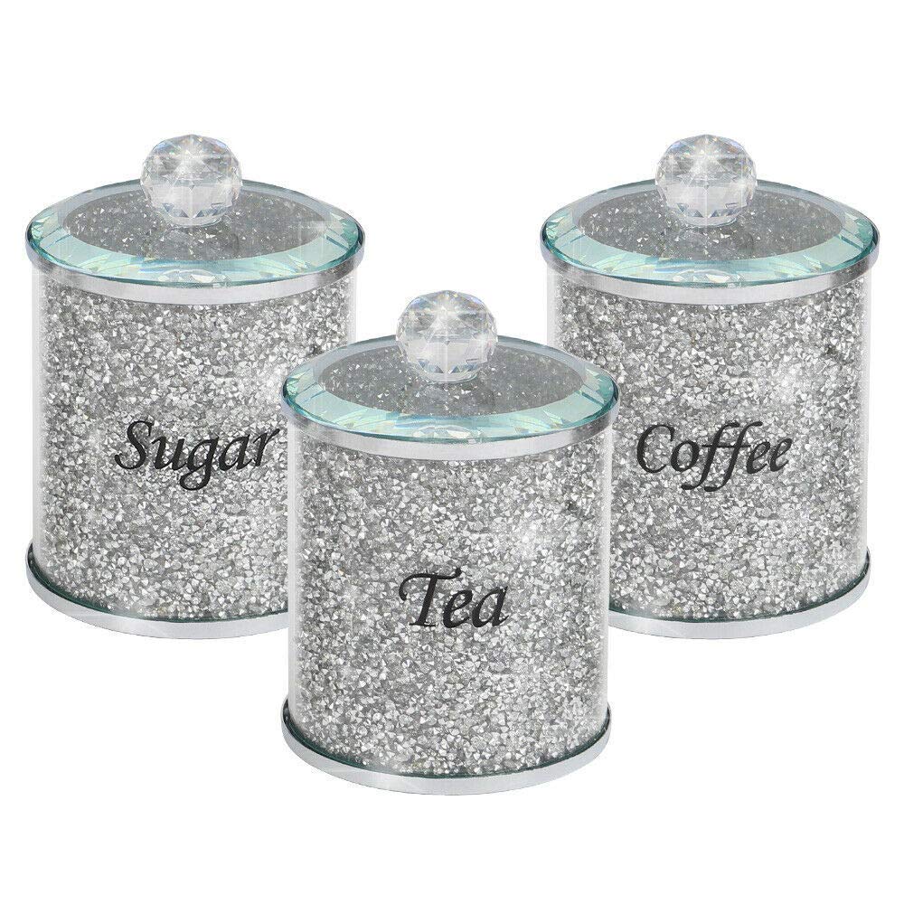 CMK Diamond Crushed Tea Coffee Sugar Canisters Jars Kitchen Storage Silver Trimmings Crystal Filled Black writing