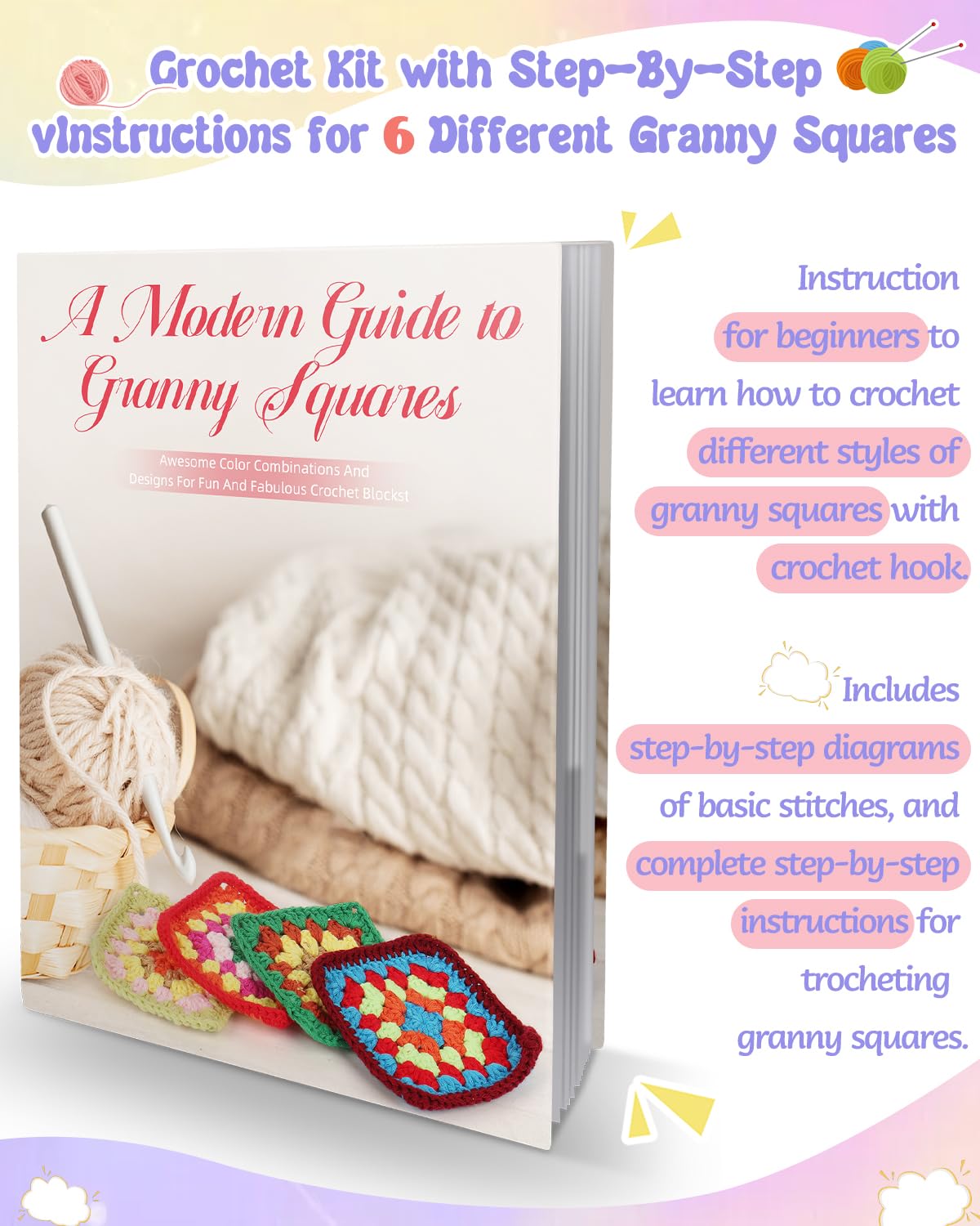 Coopay Crochet Kit Beginners for 6 Types Granny Squares, Starter Knitting Kit with Instructions & 8PCS Yarn, Crochet Start Kit for Adults Learn to Crochet Granny Square Coasters, Table Runners, ect