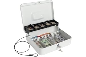 Kasten Cash Box with Money Tray, Key Lock Box with Security Cable, Money Organizer for Cash, 11.8"x 9.5"x 3.5", Large White