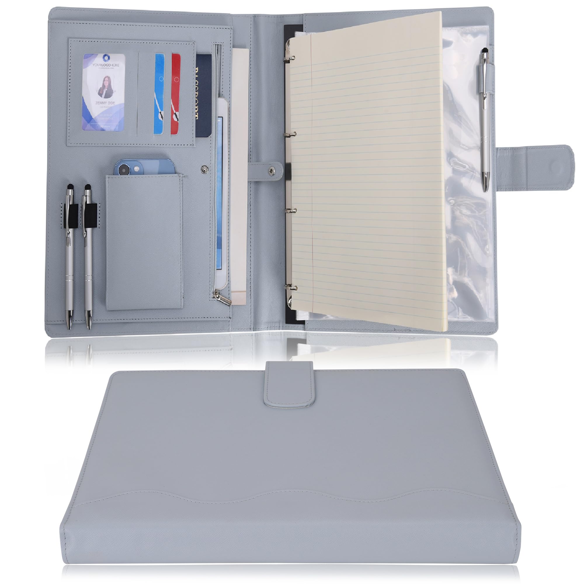 Wonderpool A4 PU Leather 4 Ring Holder Writing Portfolio Multi Document Case with Removable Binder Clipboard and Functional Pocket for Organizer Office Travel School (Gainsboro) — image 1