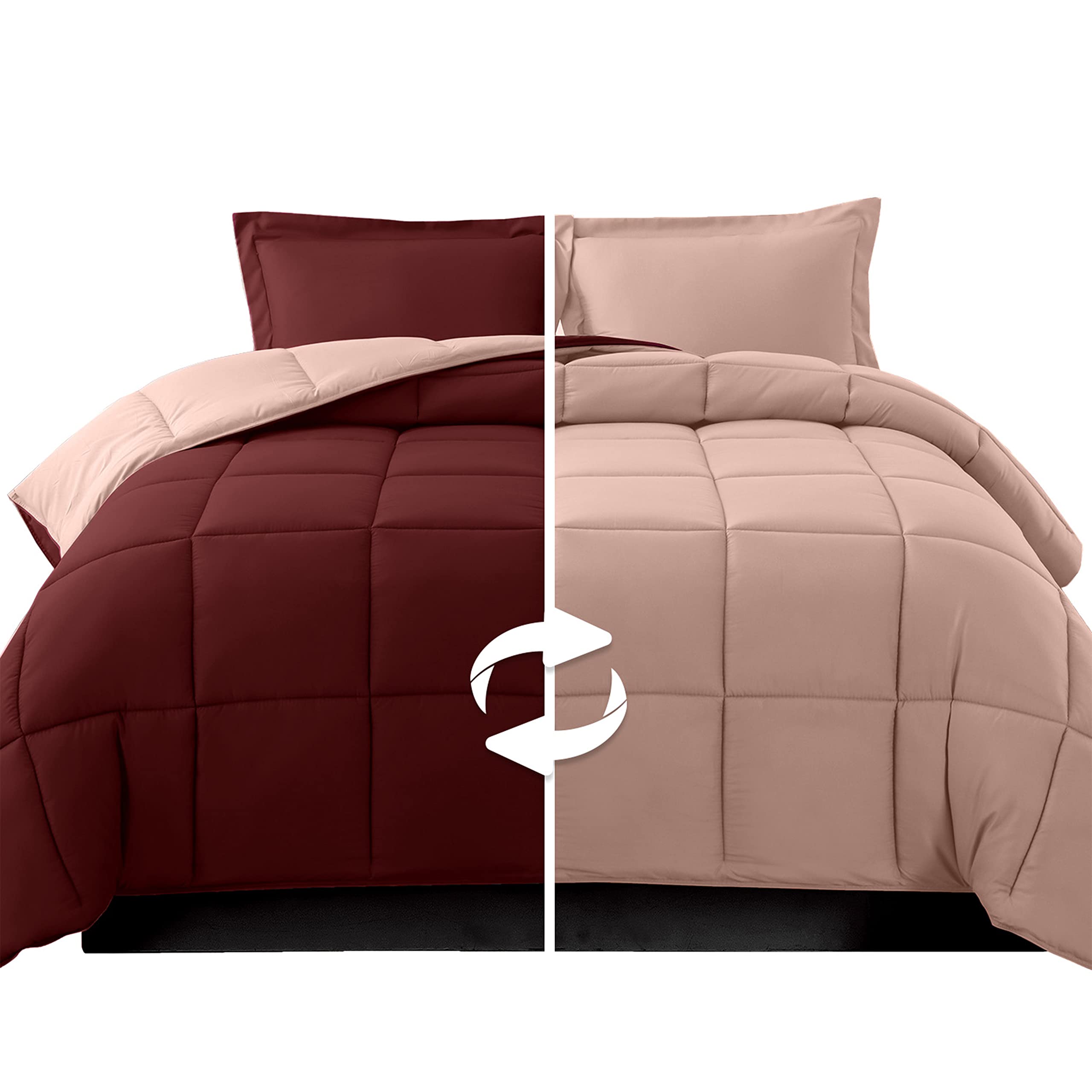 Elegant Comfort 3-Piece Reversible Comforter Set, All Season Cozy, Soft Down Alternative, Quilted – Box Stitched – Duvet Insert with 4 Corner Tabs, Comforter with Shams, King, Burgundy/Dusty Rose