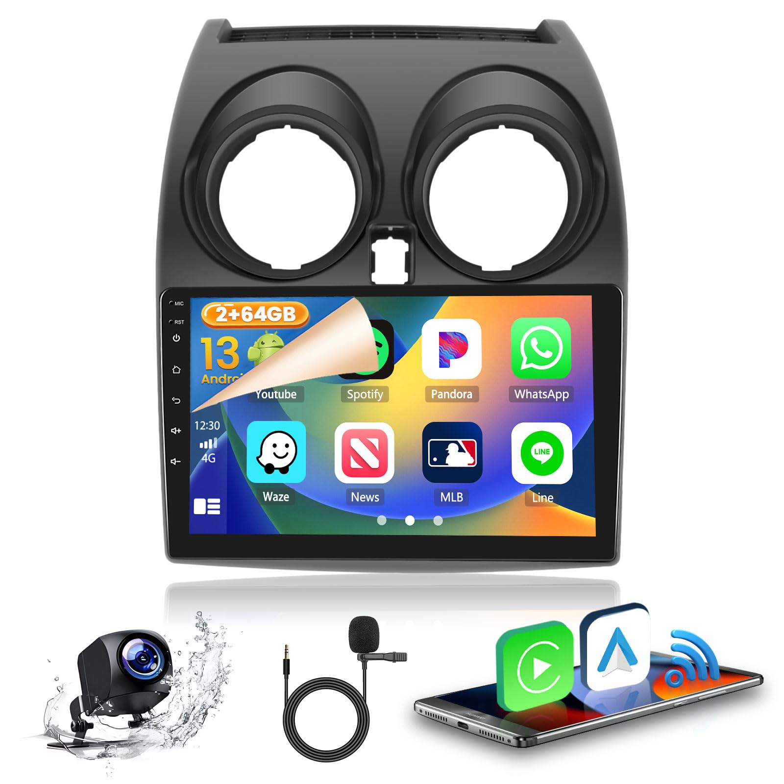 Android Car Stereo Radio for Nissan Qashqai J10 (2006-2013) with Wireless CarPlay Android Auto, 2+64G 9" Screen Car Radio Support Bluetooth/GPS Navigation/WiFi/FM/RDS/EQ/SWC+AHD Backup Camera