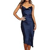 R.Vivimos Women's Satin Dress Spaghetti Straps Side Slit Cowl Neck Irregular Hem Midi Dress