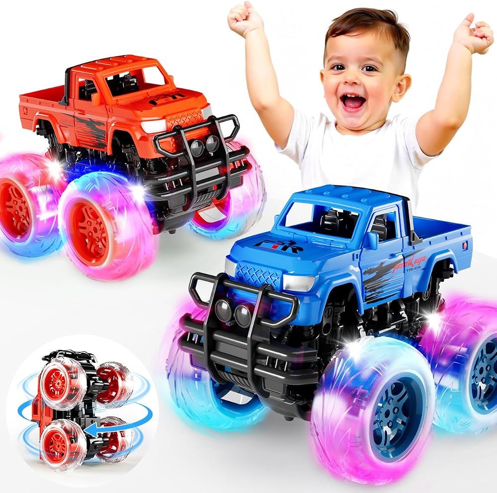 Winstico Monster Truck Toys 2 Pack Glow Lights Inertial Pull Back Cars for Kids