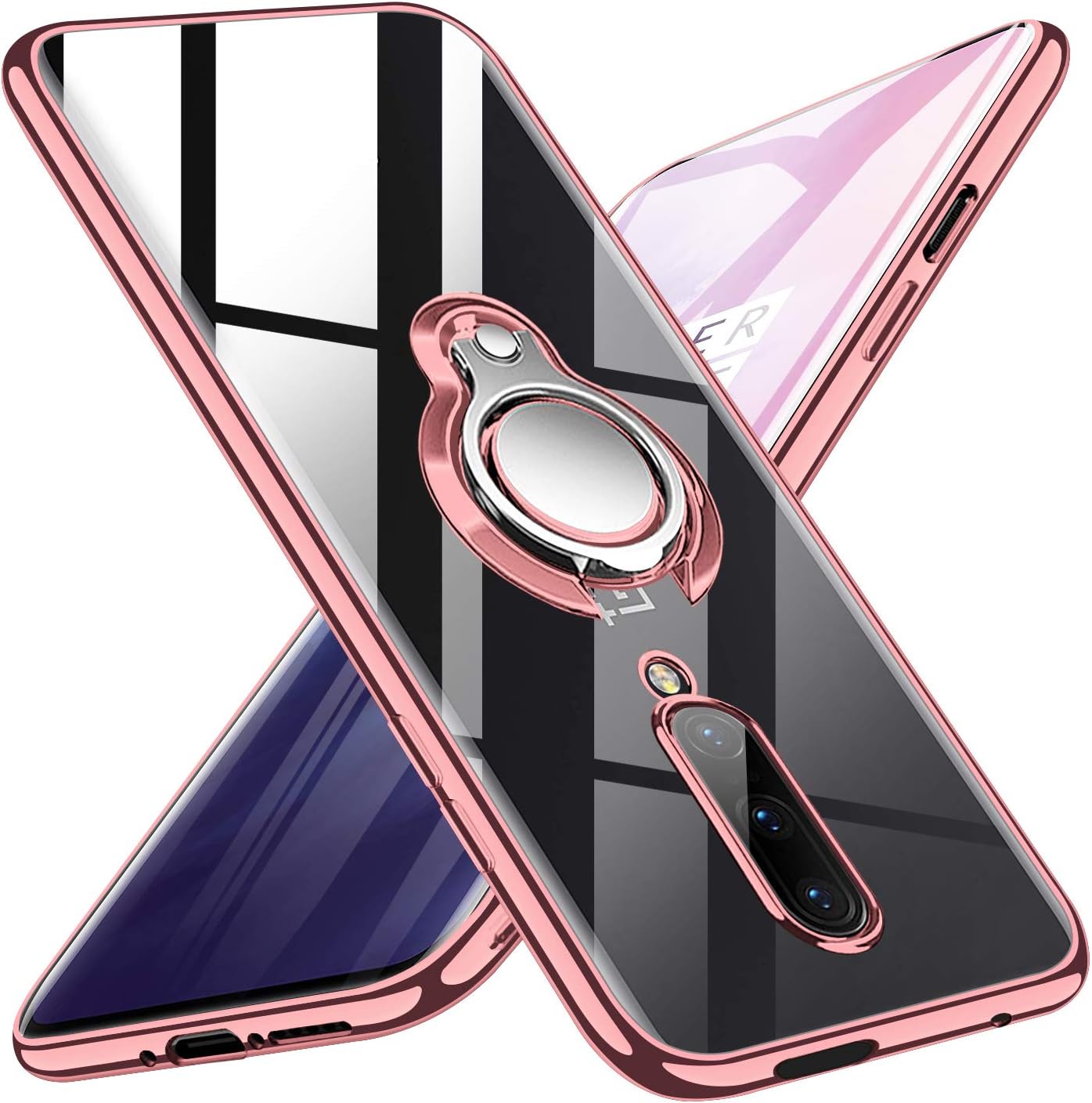 kadixini OnePlus 7 Pro Case，Crystal Clear Slim Soft TPU Bumper Silicone Case with Ring Holder Stand Kickstand Transparent Shockproof Flexible Rubber Cover for OnePlus 7 Pro - Rose