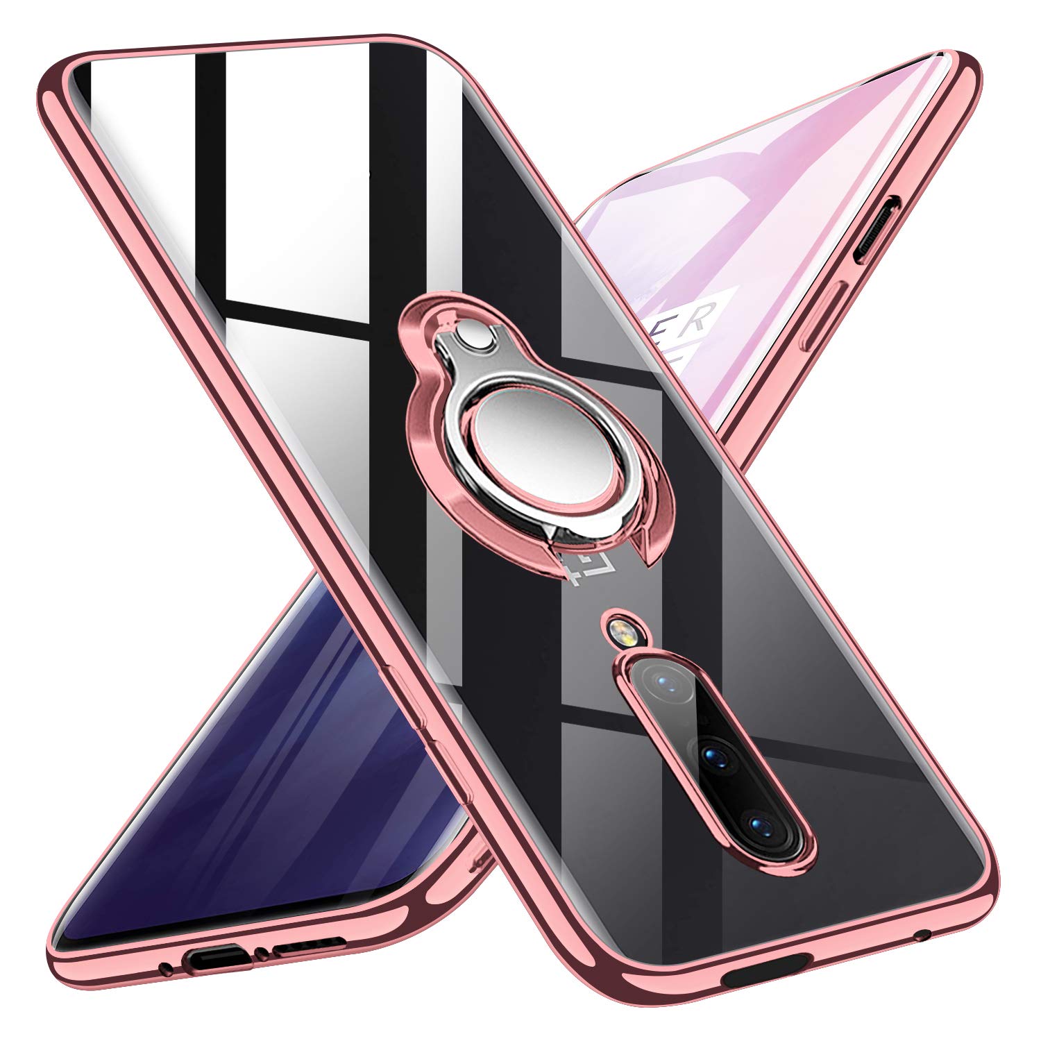 kadixini OnePlus 7 Pro Case，Crystal Clear Slim Soft TPU Bumper Silicone Case with Ring Holder Stand Kickstand Transparent Shockproof Flexible Rubber Cover for OnePlus 7 Pro - Rose