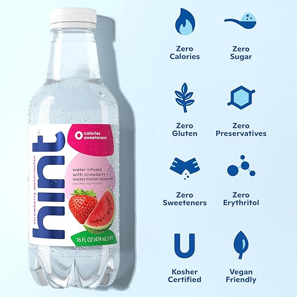 HINT FRUIT-INFUSED BOTTLED WATER, STRAWBERRY WATERMELON – SUGAR FREE FLAVORED WATER WITH ZERO CALORIES, NATURALLY FLAVORED, AND NO ARTIFICIAL SWEETENERS – 16 FL OZ (PACK OF 12)