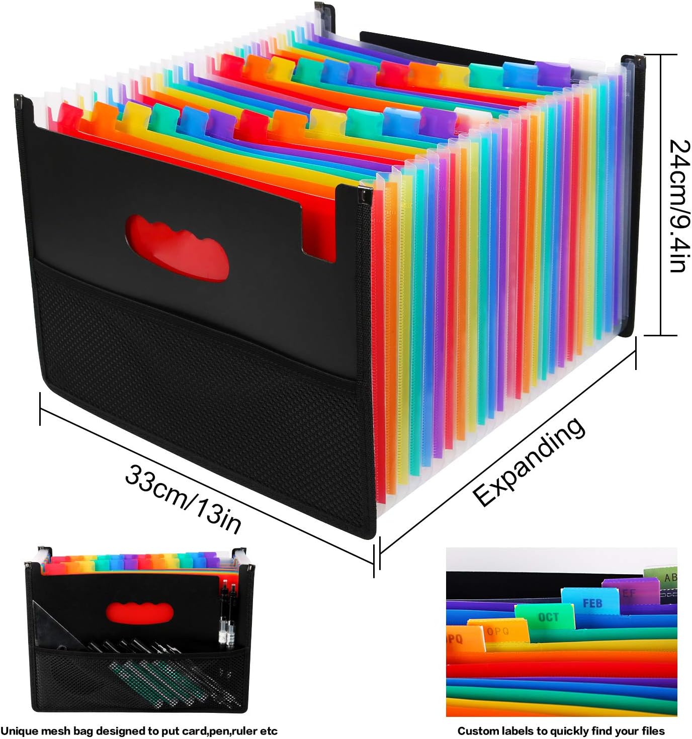 26 Pockets Accordian File Organizer, Expanding Filing Box with Mesh Bag, Accordion File Folders Expandable Cover, Portable Paper/Bill/Receipt/Document Organizer with 3 A-Z Alphabet Tabs(A4/Letter Size) : Office Products