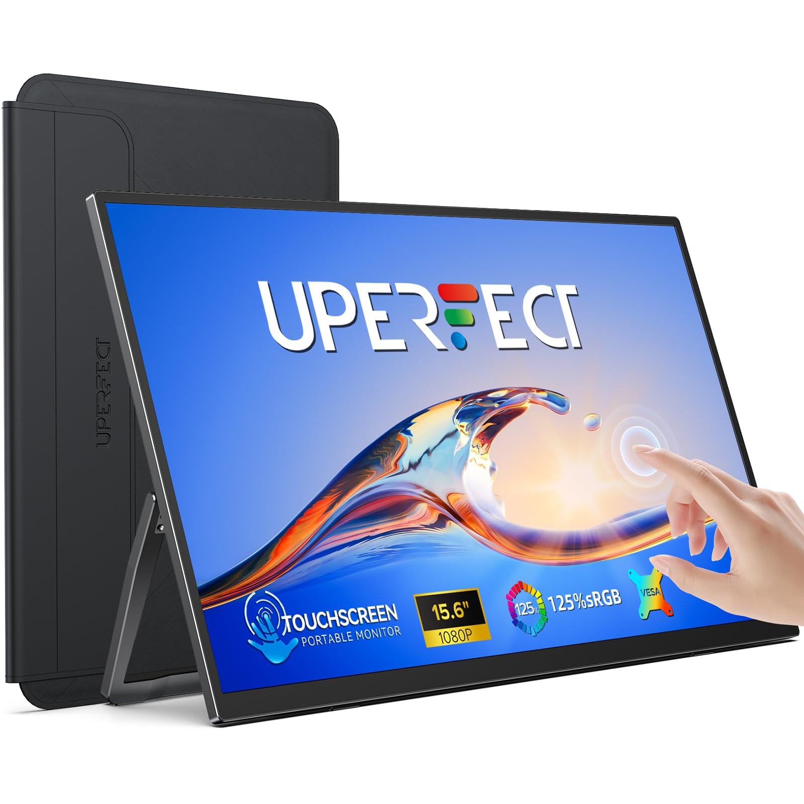 UPERFECT 15.6" Touchscreen Portable Monitor | 1080P IPS Matte Screen, Ultra-Thin Travel Monitor with Adjustable Stand | HDMI USB-C External Display for Laptop, Phone, Mini Host, Game Console Image