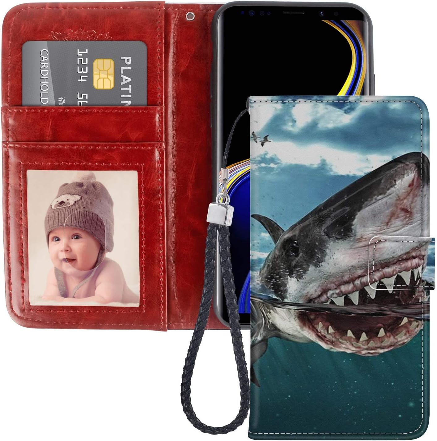 Samsung Galaxy Note 9 Wallet Case Shark Pattern Design Protective PU Leather Flip Cover with Credit Card Slots and Side Cash Pocket+Magnetic Clasp Closure