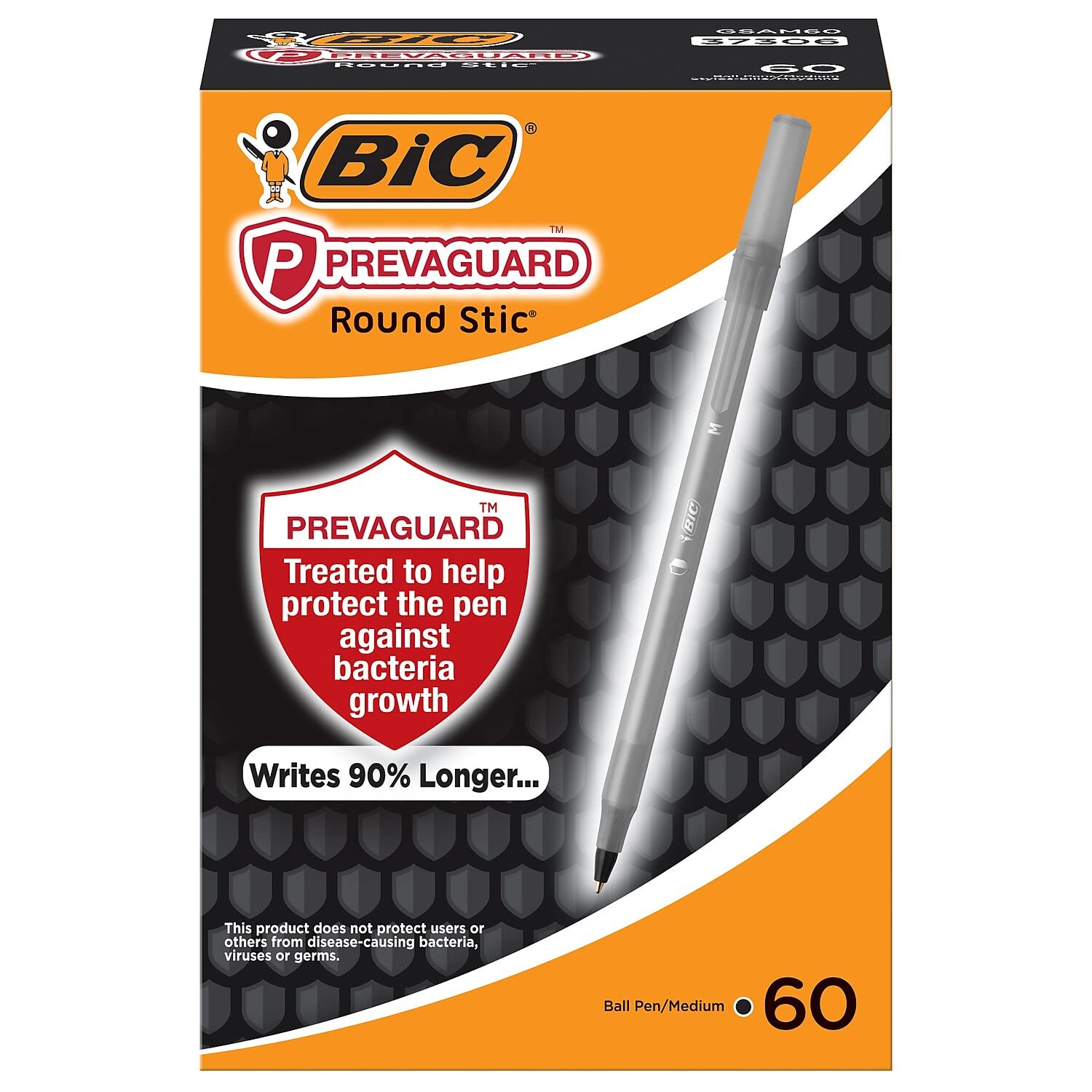 BIC Prevaguard Round Stic Pens with Antimicrobial Additive, Medium Point, 1.0 mm, Black Barrel, Black Ink, Pack of 60 Pens