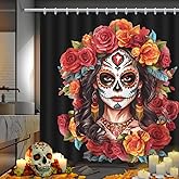 MEHOFOND Sugar Skull Shower Curtain for Girl Red Rose Flower Day of The Dead Bathroom Curtains Girl Skeleton Gothic Halloween Bathtub Decorative Waterproof Fabric with 12 Hooks 72x72 Inch