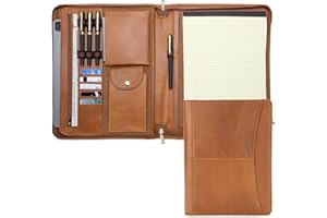 Geslun Genuine Leather Portfolio Zippered, Full Grain Leather Padfolio with Outer Pocket and 2 Notebook Holders Folder Organi