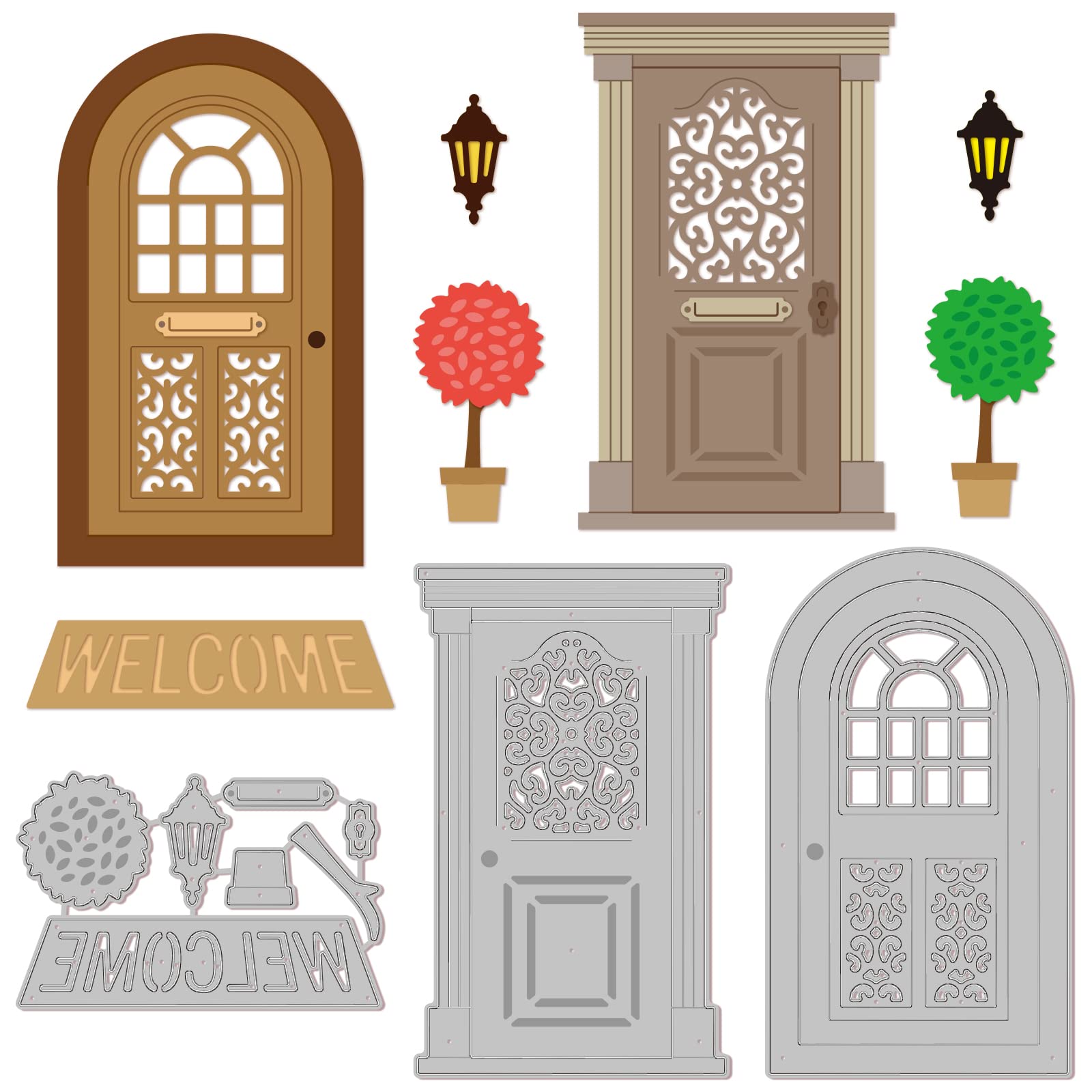 GLOBLELAND Door Arch Door Cutting Dies Door Lamp Green Plants Welcome Blanket Cutting Dies Template for Decorative Embossing Paper Card DIY Scrapbooking Album Craft Decor