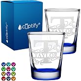 Cuptify Personalized Shot Glass Set of 2 Monogram Initial and Name 2oz Blue Bottom Etched Glasses with Personalized Text for Gifts, Weddings, Birthdays, Party, Event, Decorations