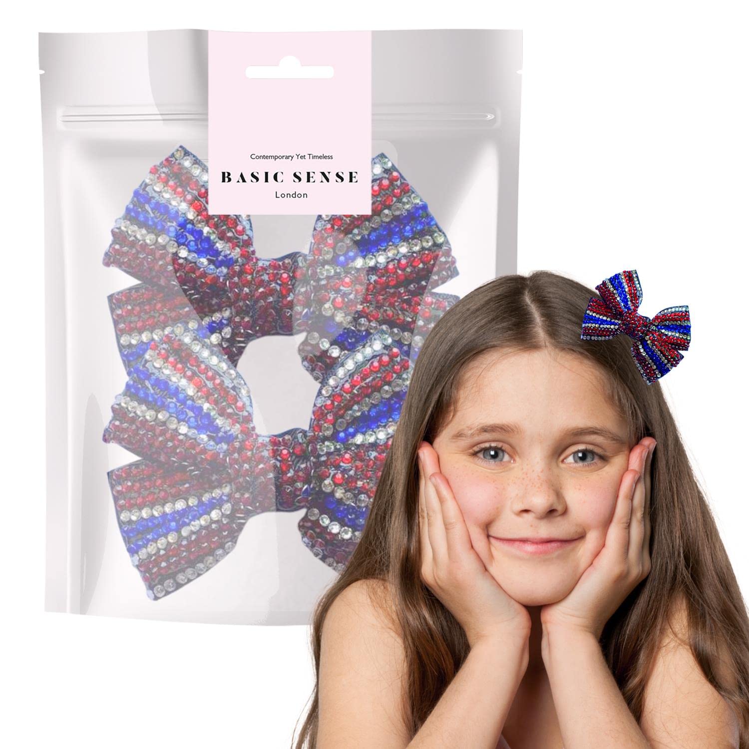 BasicSense 2 Pieces Rhinestone Bow Hair Clips Diamante Ribbon Crocodile Alligator for Girls, Union Jack
