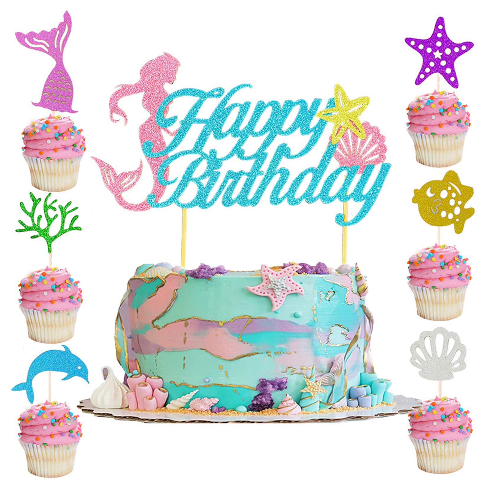 Happy Birthday Cake Toppers, Mermaid Cake Topper Set (1 Large + 6 Small Flags), Mermaid Cake Decorations for Birthday Cake, Perfect for Girls Mermaid Party & Birthday Celebrations