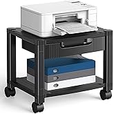 HUANUO Printer Stand with Storage Drawer, Locking Wheels, Under Desk Cart | Cable management, 17.2 x 13.2 inch top shelf, adjustable height, 38.5 lbs capacity, office storage, optional casters