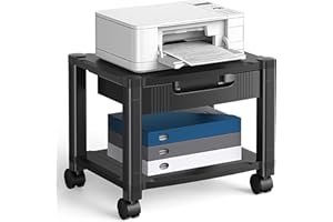 HUANUO Printer Stand with Cable Management and Storage Drawer, Printer Table with Locking Wheels, 14.1-inch Maximum Height Printer Cart for Under Desk, Home, Office, HNDPS