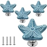 Luomorgo 4 Pack Ceramic Starfish Drawer Knobs - Coastal Blue | Beach Theme, Cabinet Handles, for Kitchen Dresser Wardrobe Cupboard, Includes Screws