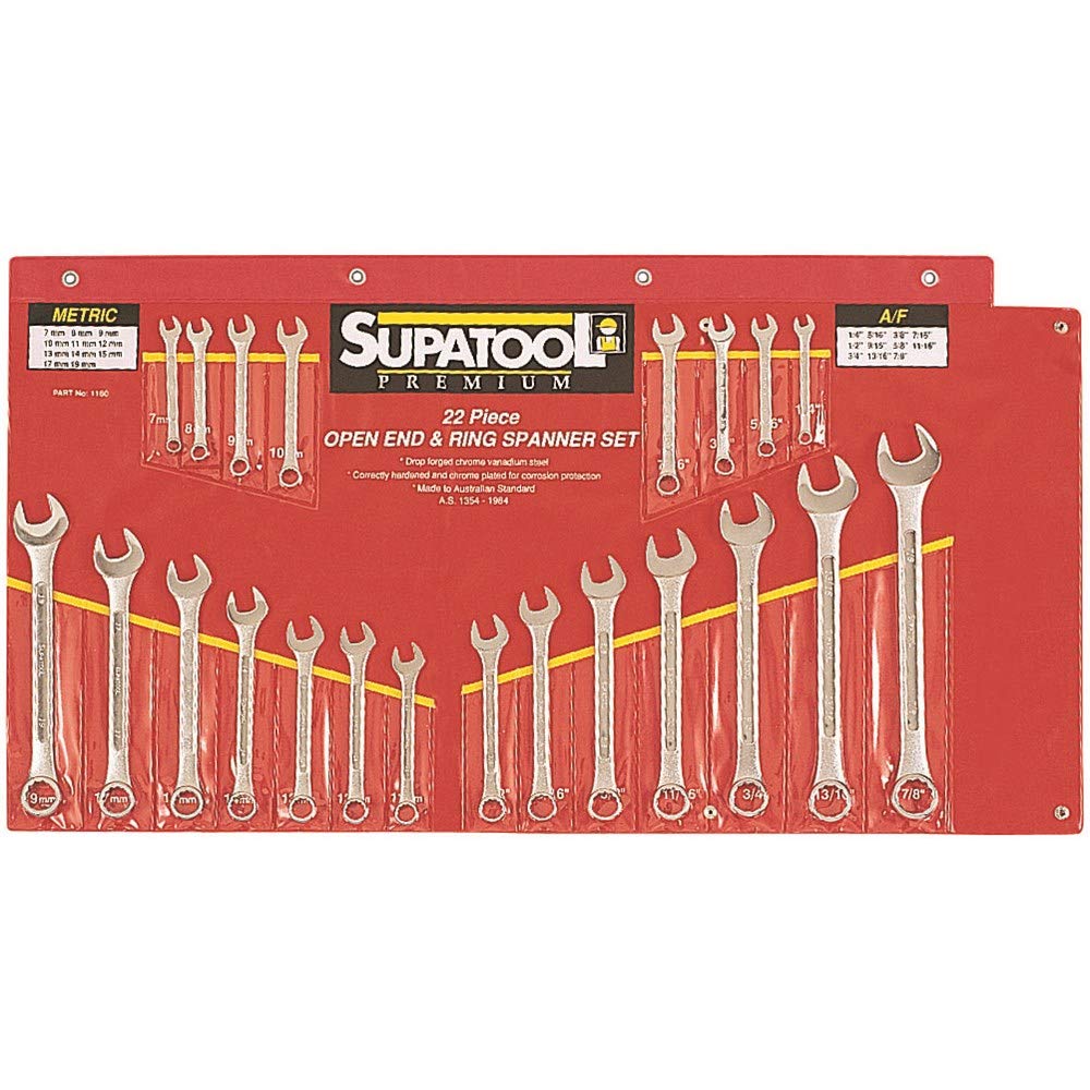 Supatool Combination Wrench Set - Metric/SAE Mirror Polish Box & Open End Spanner Set - 22 Piece