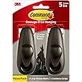 Command 5 lb Large Oil Rubbed Bronze Metal Hooks, 2 Hooks and 4 Command Strips, Damage Free Coat Hooks with Adhesive Strips, Forever Classic Hooks for Christmas Decorations