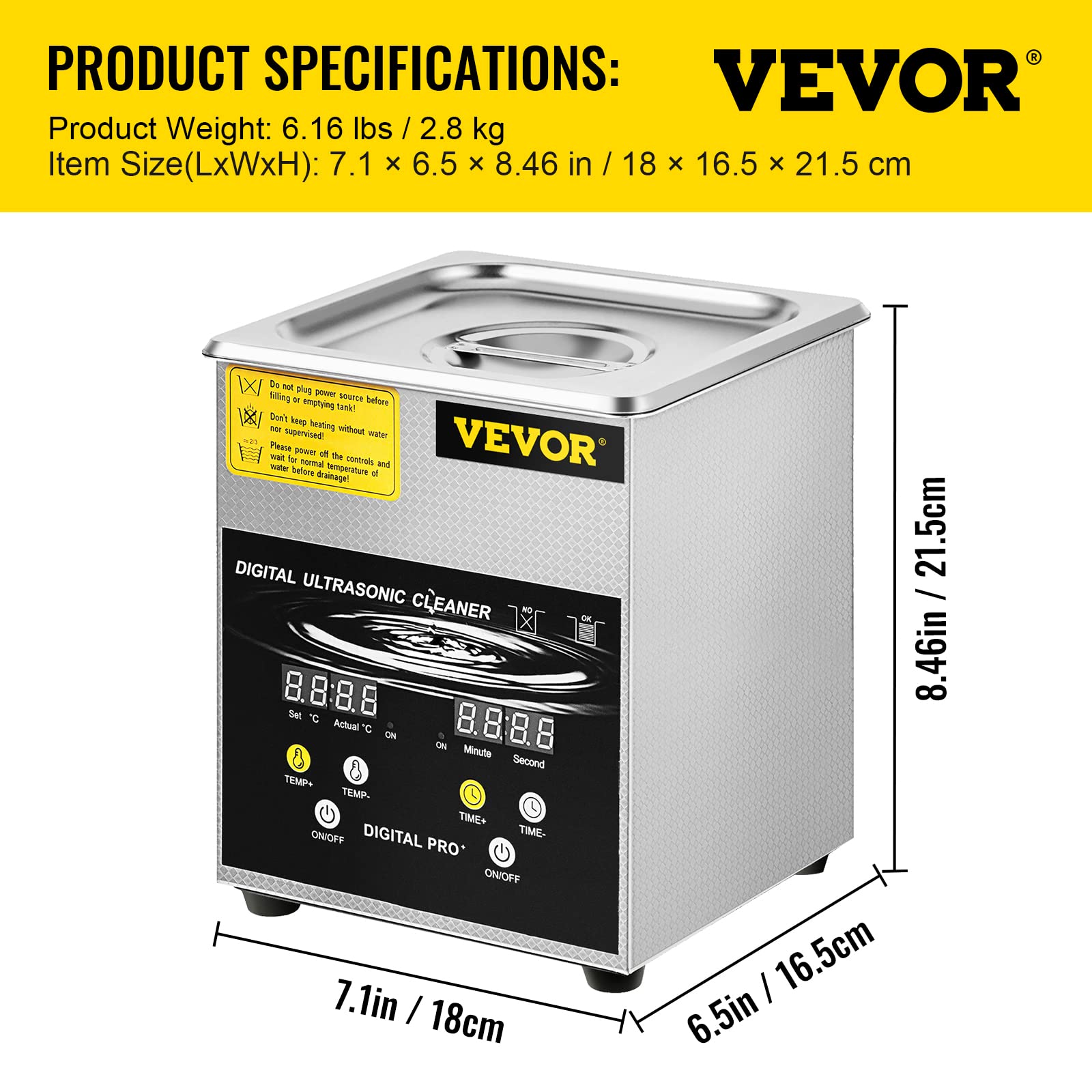 VEVOR 2 L Verbesserter Ultraschallreiniger (100 W Heizung, 60 W Ultraschall) Professioneller digitaler Labor-Ultraschall-Teilereiniger mit Heizungstimer für die Reinigung von Schmuck, Brillenteilen 7