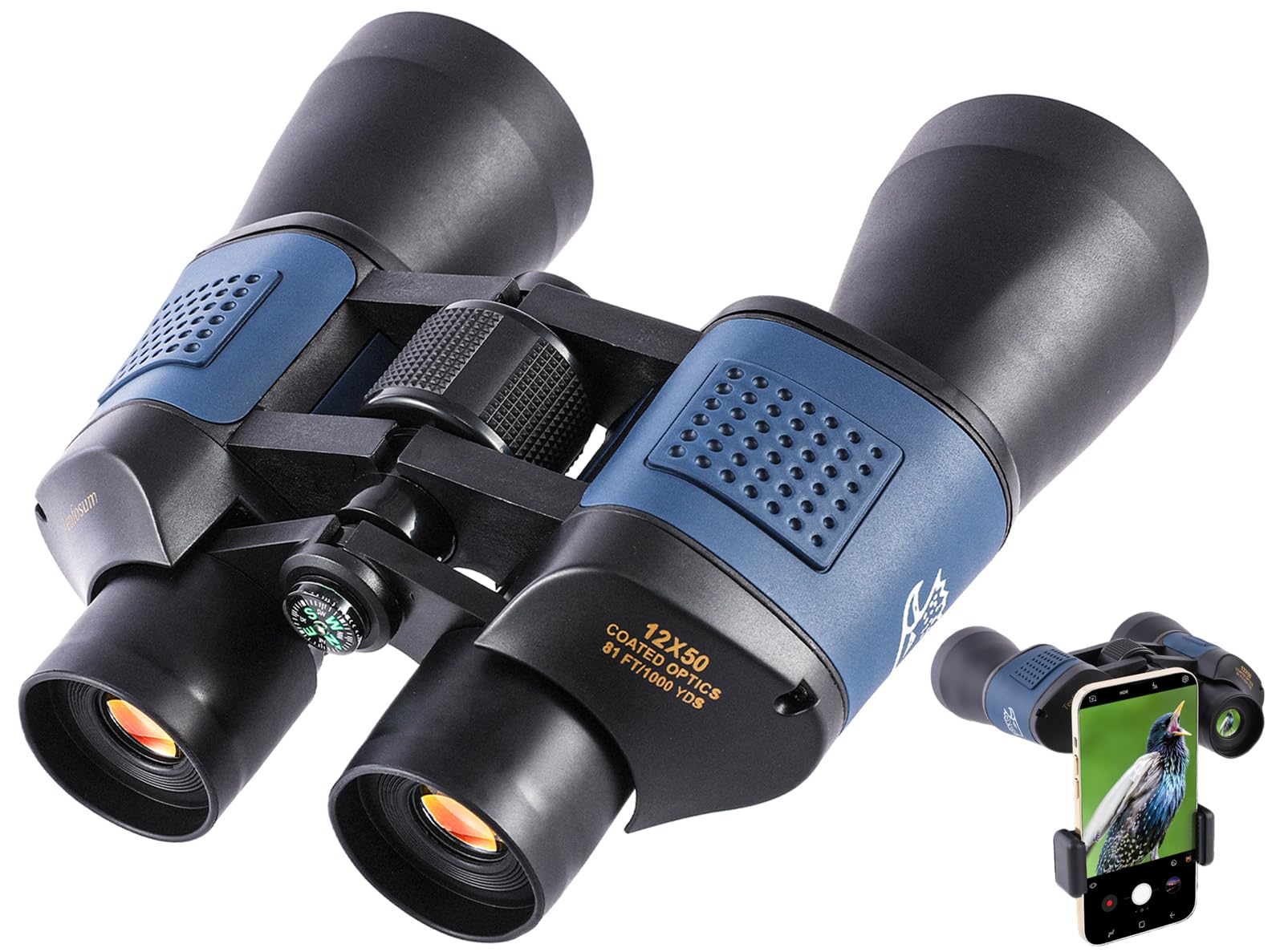 Photo 1 of 12x50 High Powered Binoculars - HD Low Light Vision for Bird Watching/Hunting/Cruise, Waterproof with Compass & Phone Adapter