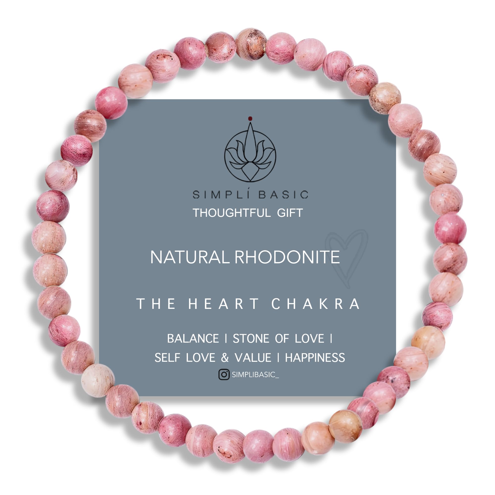 SIMPLÍ BASIC Natural Rhodonite Healing Gemstone Bracelet 4mm Bead | Womens & Mens | Recognising Purpose | Enhance Confidence | Chakra Bracelet| Inc Gift Box
