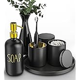 Black Bathroom Accessories Set with Tray, 6pcs Matte Black Bathroom Accessory Sets, Glass Soap Dispenser and Toothbrush Holder Set, Qtip Holder, Ceramic Flower Vase, Black Bathroom Set Decor,