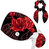 Red Blooming Rose Flowers Black Working Cap with Scrunchy and Ribbon Tie for Women, Long Hair