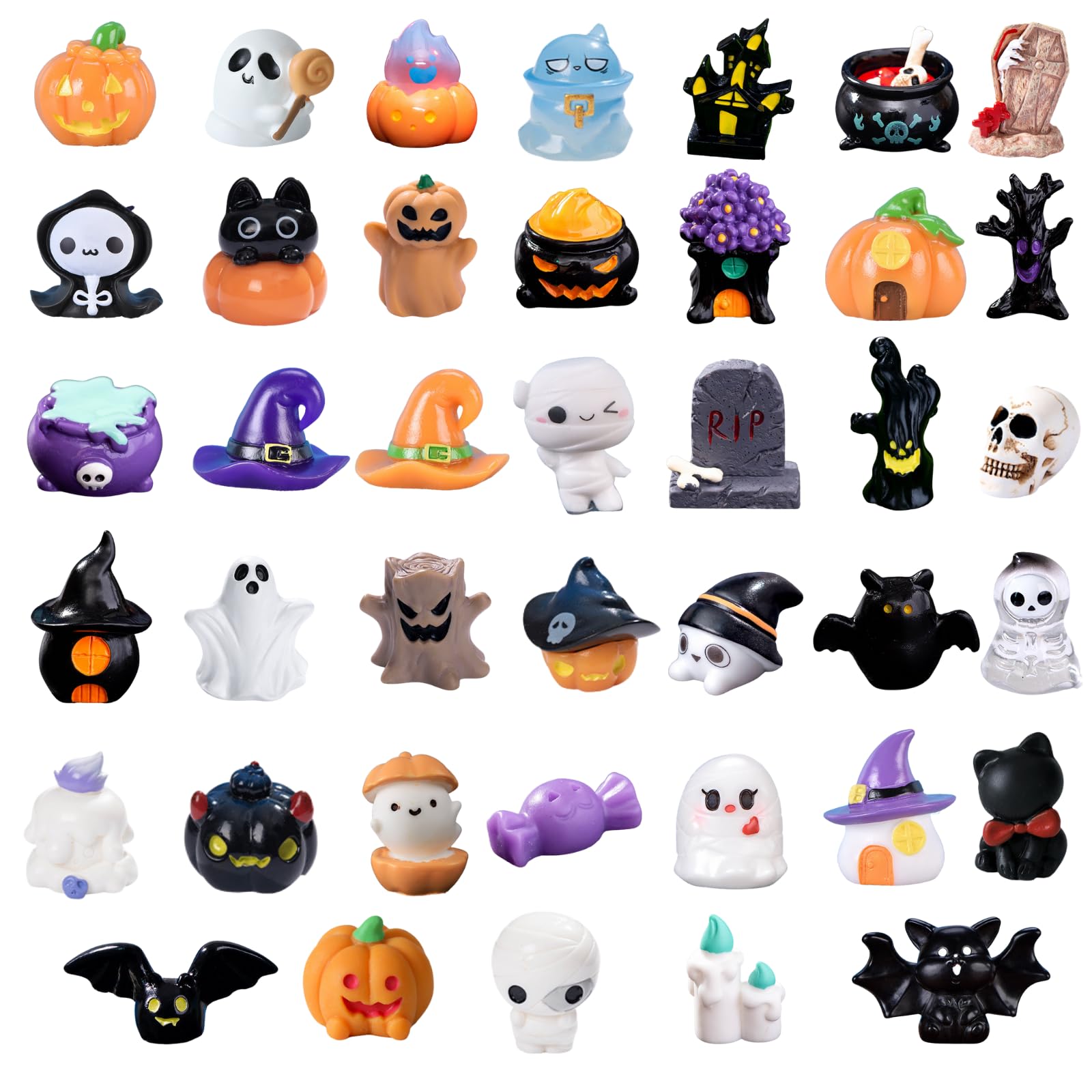 Photo 1 of Bellaboro 40pcs Halloween Mini Resin Figures 40 Styles, Cute Tiny Resin Figures Pumpkin Ghost Skull Miniatures Bulk for Halloween Party Favors Bag Fillers Dollhouse Decor