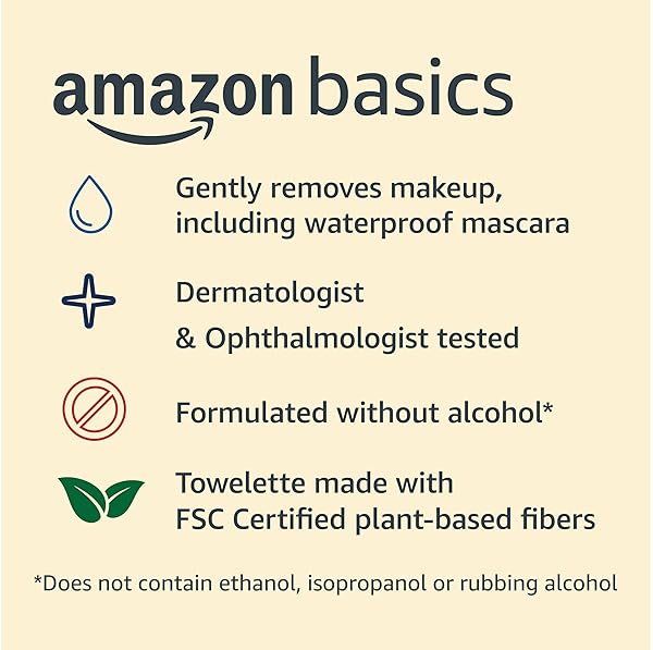 AMAZON BASICS MAKEUP REMOVER WIPES, GENTLE CLEANSING, DERMATOLOGIST TESTED, PH-BALANCED, PLANT BASED, ALCOHOL-FREE, REMOVES WATERPROOF MASCARA, 25 COUNT, 2-PACK