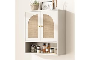 RUSTOWN Rattan Bathroom Wall Cabinet, Over The Toilet Storage Cabinets with 2 Arched Doors, Modern Medicine Cabinet with Adju