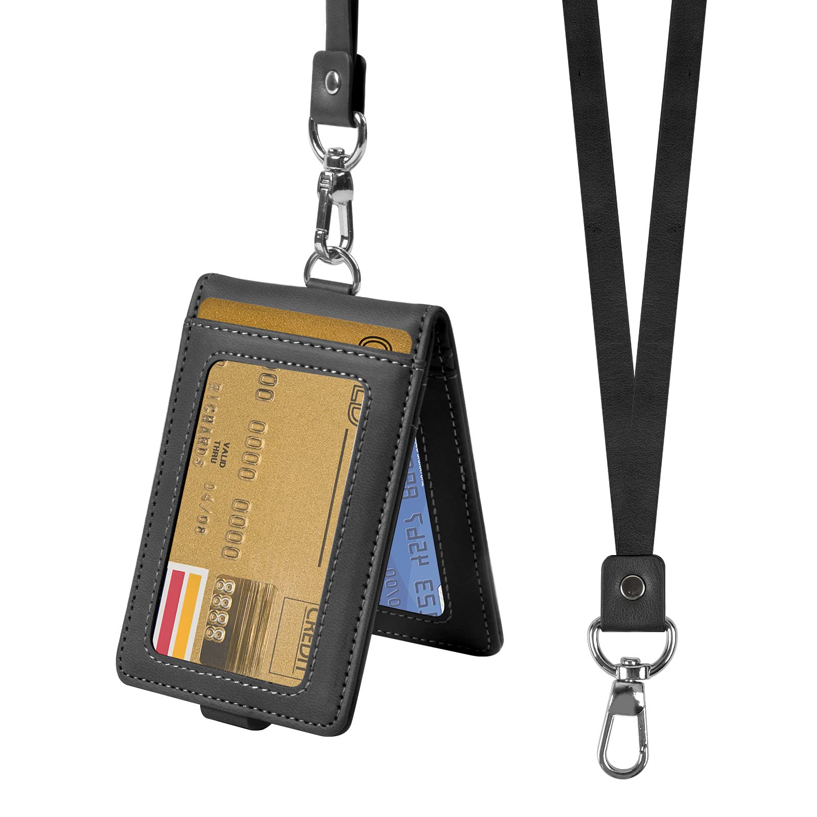 smatime PU Leather Badge Holder 2-Sided ID Card Badge Holder with Detachable Lanyard Vertical Identity Name Card Holder Slim Leather Credit Card Wallet with ID Window, Holds up to 5 Cards, Black