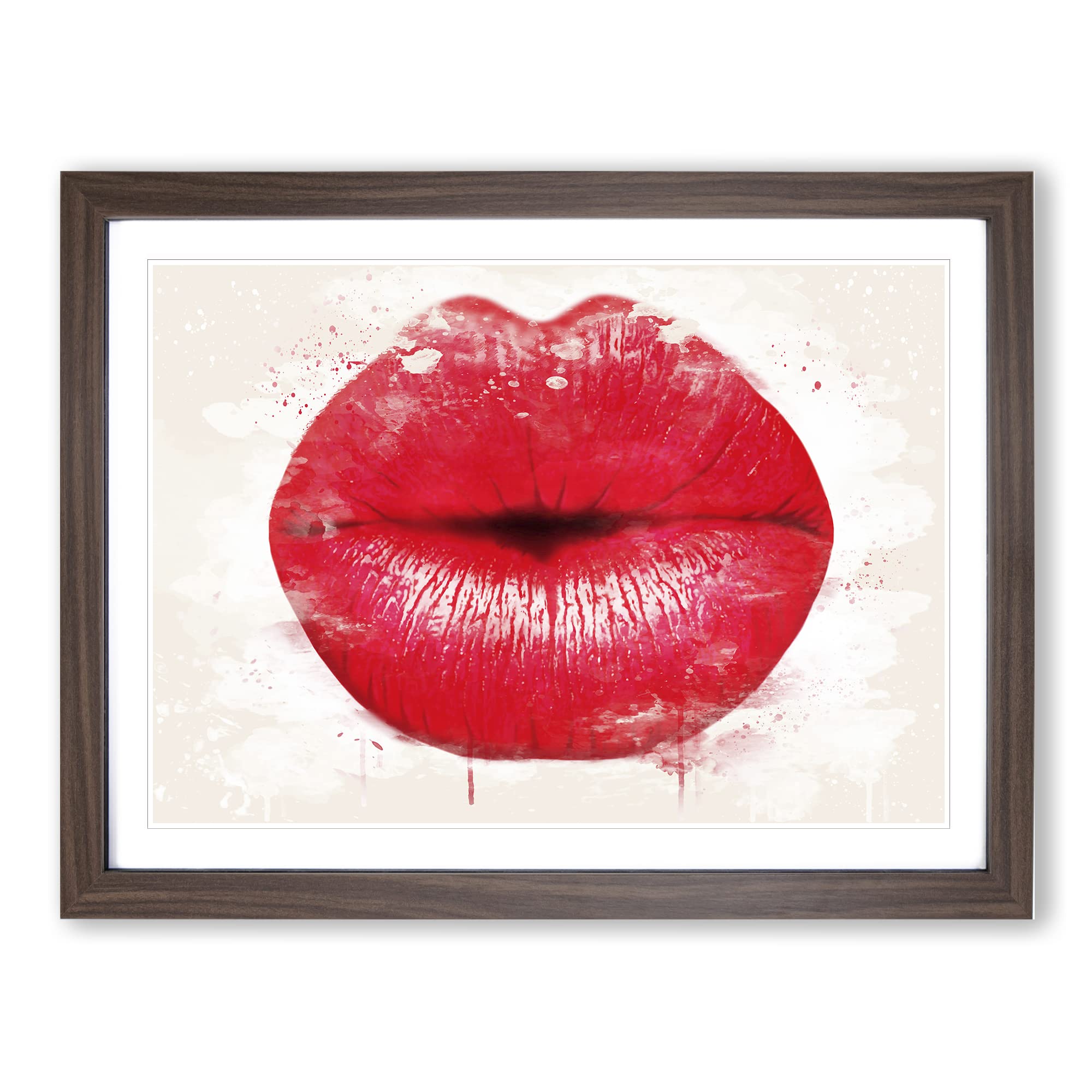 Red Lips Kiss Modern FC Framed Wall Art Print, Ready to Hang Picture for Living Room Bedroom Home Office Décor, Walnut A4 (34 x 25 cm)