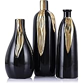 Black and Gold Ceramic Vase Set of 3, Ceramic Vase Set for Decorative, Black and Gold Single Stem Vases for Centerpieces Nightstand Kitchen, Boho Farmhouse Home Decoration