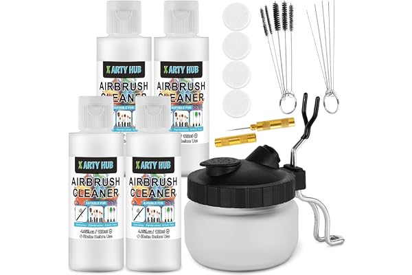 X ARTY HUB Airbrush Cleaning Kit - 4 * 120 ml Airbrush Cleaner with Glass Cleaning Pot, Easily Handle Water-Based and Acrylic