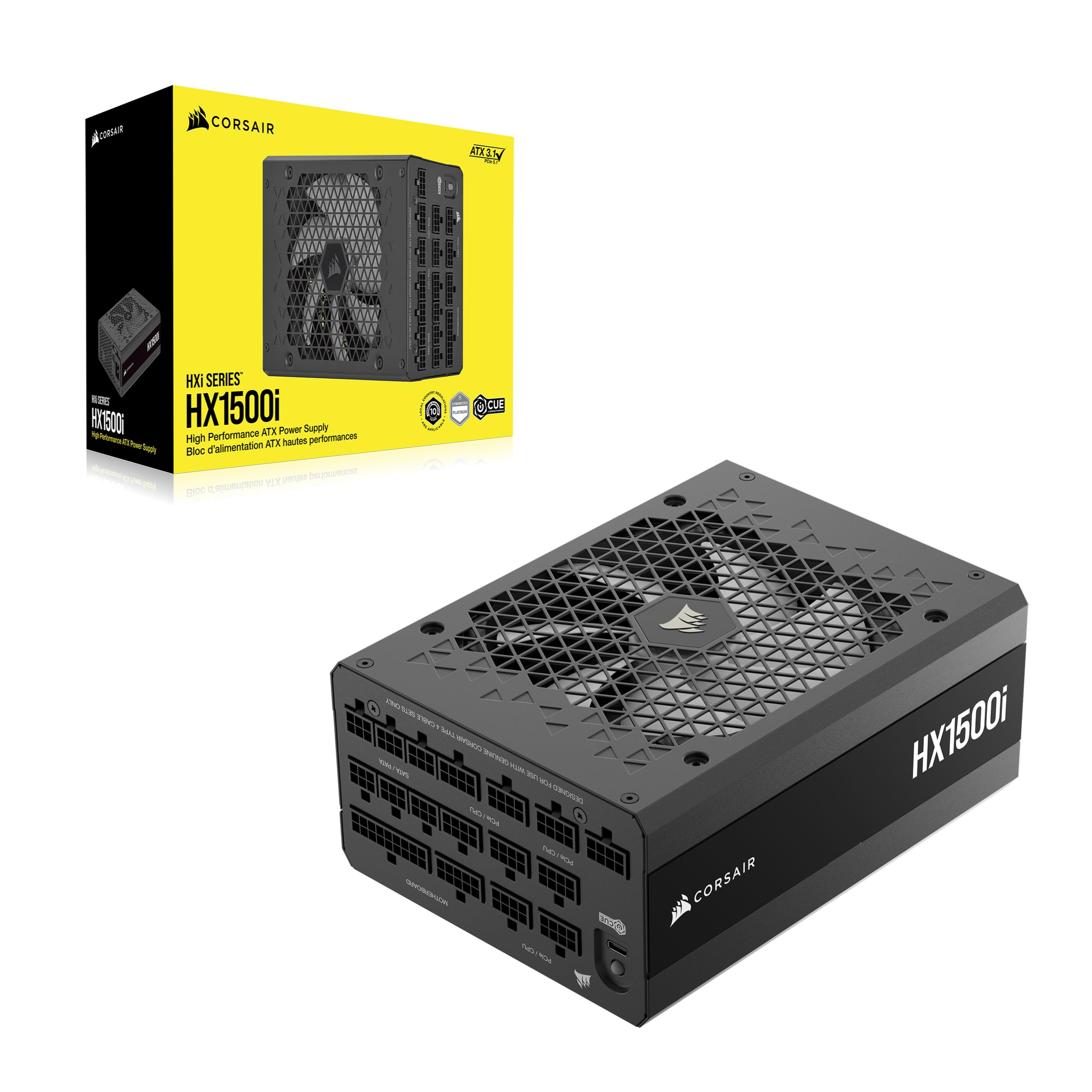 CORSAIR HX1500i (2025) Fully Modular Ultra-Low Noise ATX Power Supply with 12V-2x6 Cable – ATX 3.1 & PCIe 5.1 Compliant, Cybenetics Platinum Efficiency, Fluid Dynamic Bearing Fan – Black