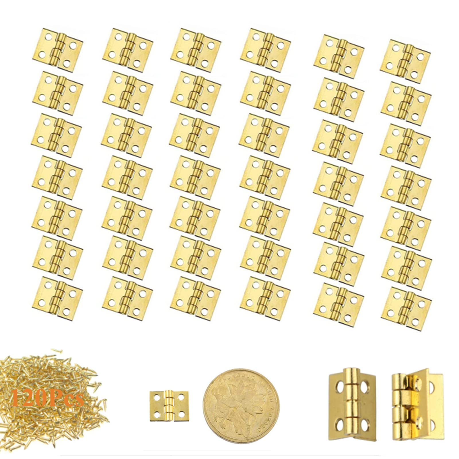 Yeemeen 120pcs Small Mini Brass Hinges, Antique/Vintage Style, Gold Finish, 4 Mounting Holes, Ideal for Jewelry Box, Model Making, Cabinet, Drawer, Furniture
