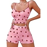 Hilinker Womens Graphic Print Ribbed PJ Set Crop Cami Tops and Shorts Cute Pajamas Set
