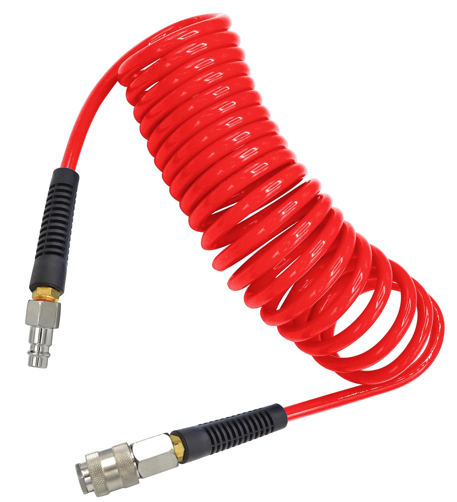 YOTOO Air Compressor Hose Polyurethane Recoil 5m Long 6mm ID x 9.5mm OD air Hose with Bend Restrictor, 1/4" Europe Quick Coupler and Plug, Red