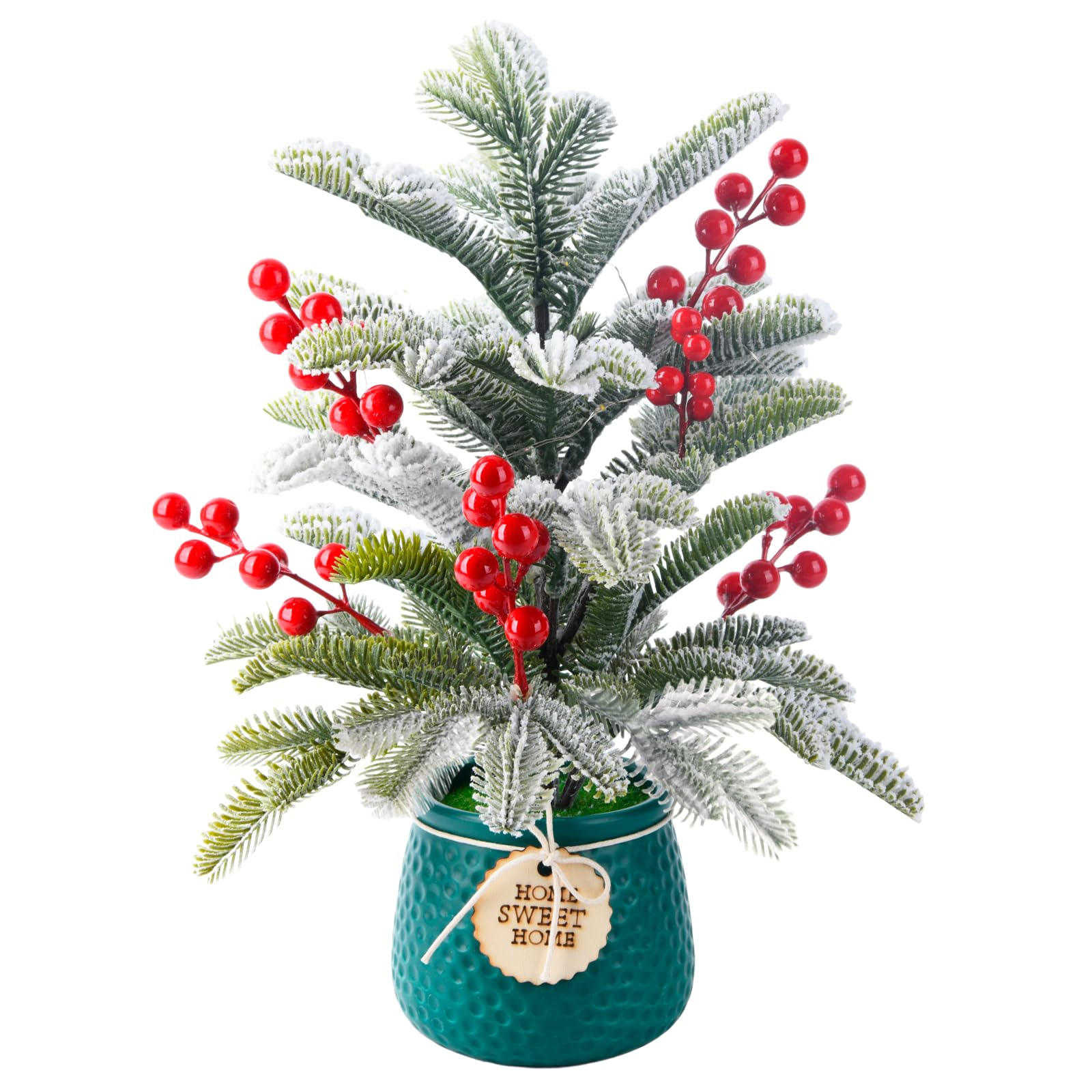 Photo 1 of Mini Tabletop Christmas Tree, 14 Inch Artificial Small Xmas Tree with Red Berry, Pine Cone, Fake Greenery for Table Top Office Desk Classroom Room Holiday Christmas Decor(Green Pot)