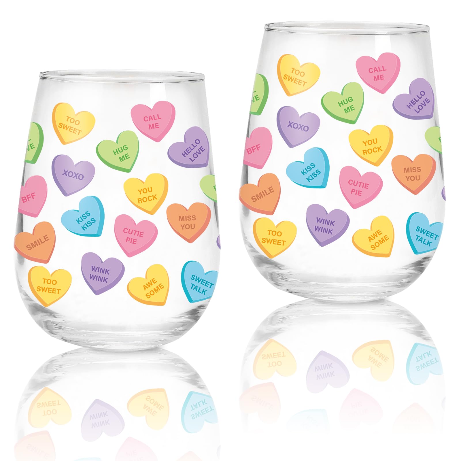Photo 1 of Whaline 2Pcs Valentine Stemless Wine Glasses 17oz Conversation Heart Drinking Glasses Colorful Heart Sayings Tumbler Cups for Party Supplies Gifts