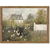 Framed Vintage Wall Art, Cottage Rose Garden Landscape Pictures Wall Decor Paintings, Rustic Spring Farmhouse Canvas Prints Aesthetic Home Decor for Living Room Bedroom Bathroom 8x10 inch