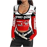 SOLY HUX Women's Long Sleeve Racing Shirts Deep V Neck Graphic T Shirts Y2k Streetwear Crop Tops